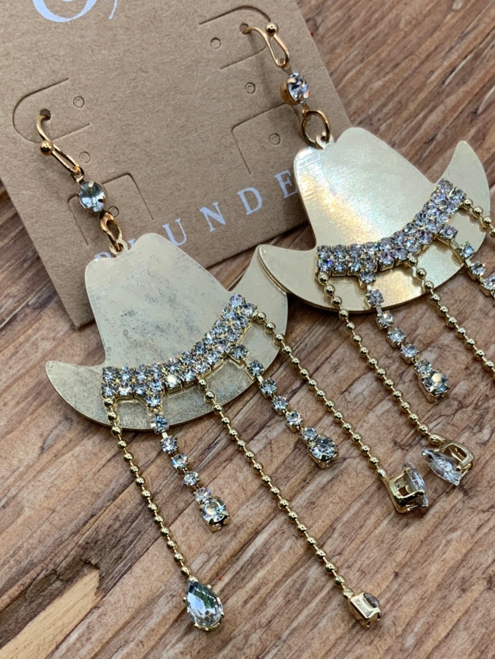 Plunder Design Cowboy Hat Gold-tone Western Crystal Fringe Dangling Earrings